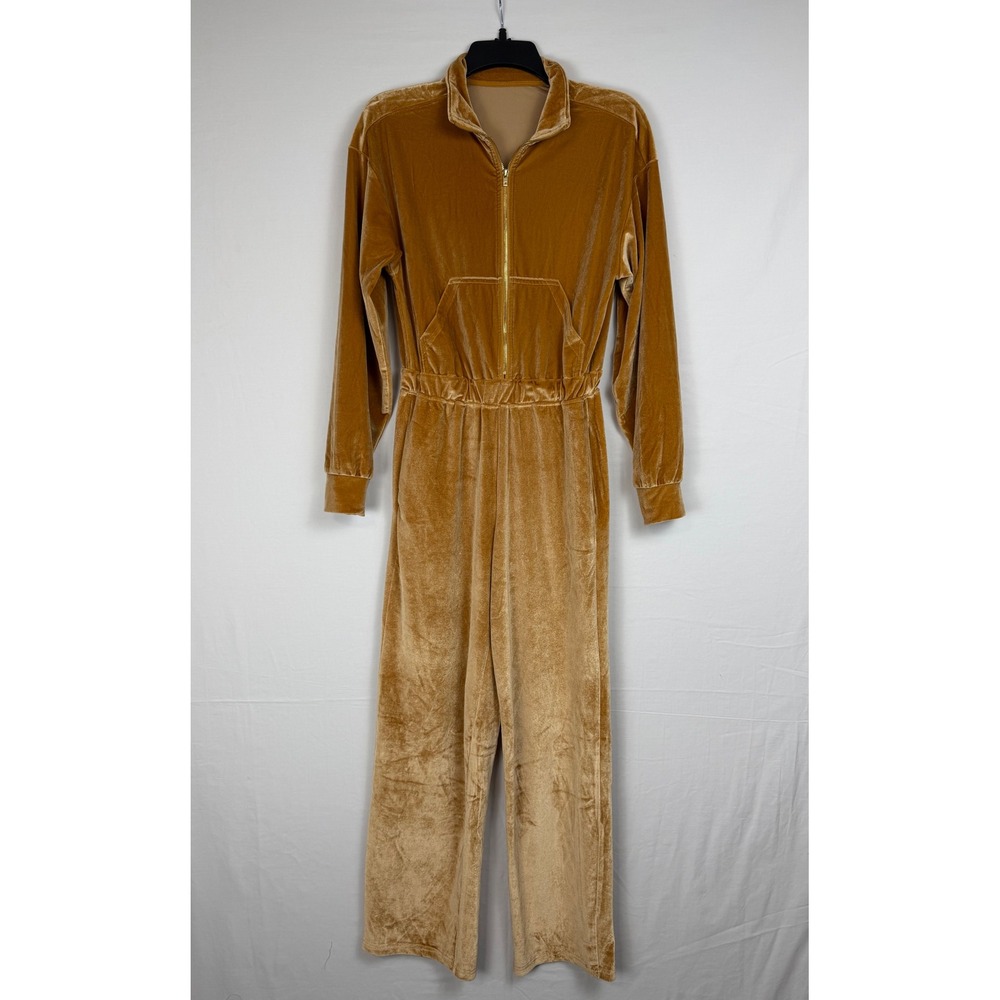Fabletics Women Jumpsuit XS Gold Velour Half Zip Long Sleeve Wide Leg Tracksuit